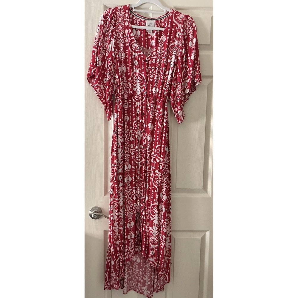 Knox Rose Floral High-Low Midi Cottagecore Dress Smocked Waist Tassel Size S Red